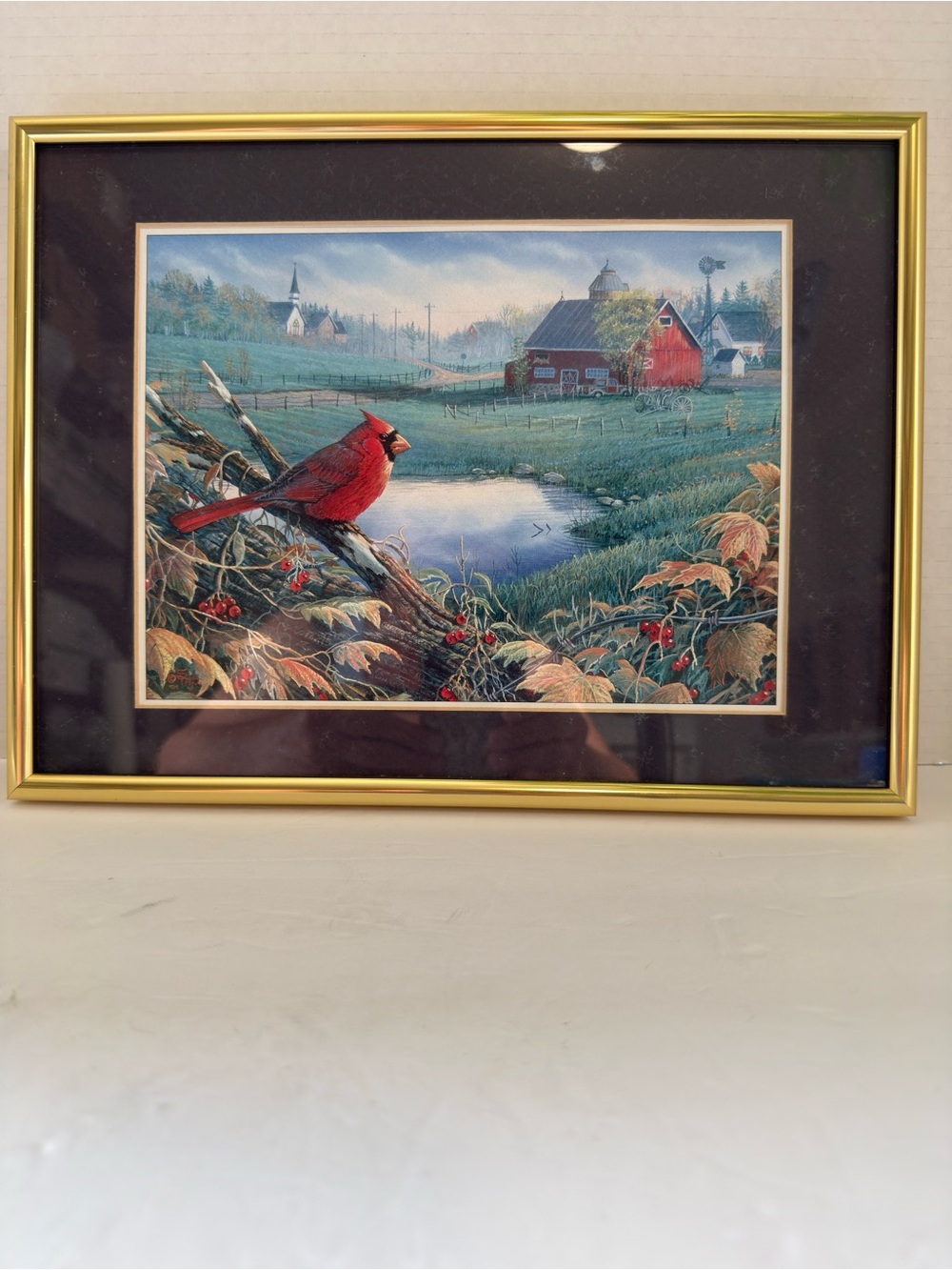 Framed Cardinal Farm Scene Wall Art - Red Accent